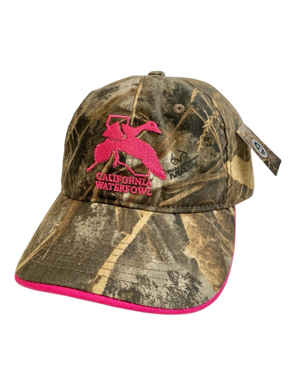 California Waterfowl Camo Snapback Cap with Pink Embroidered Flying Duck Logo